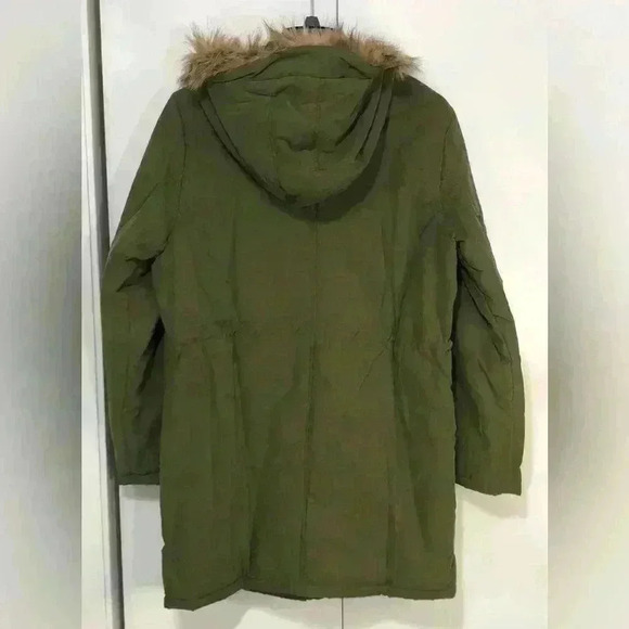 Women's Winter Olive Green Coat Hooded Warm Jacket with Fur Trim Size Medium - Picture 7 of 15